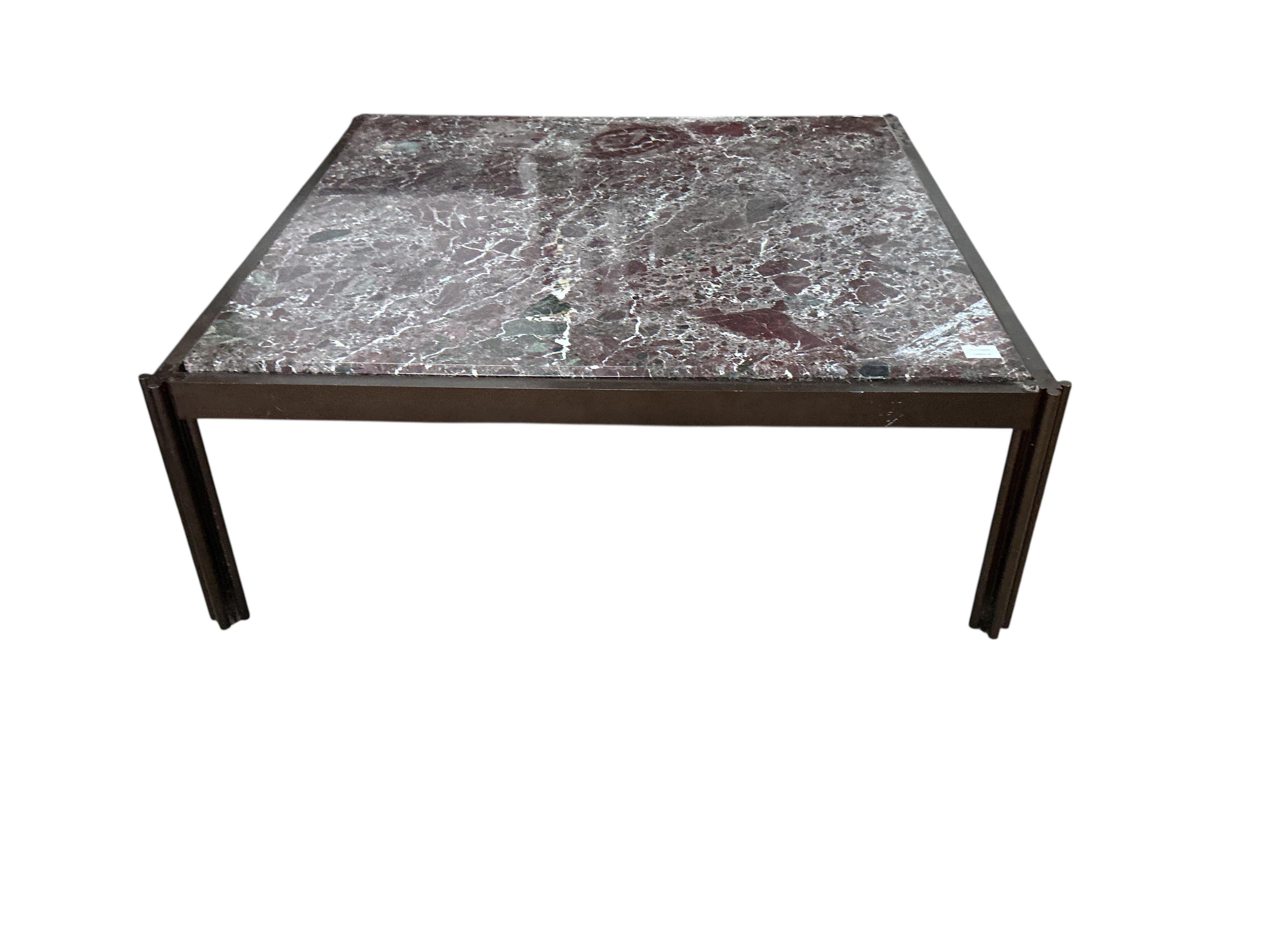 A Contemporary square marble topped brass coffee table, 110cm, height 39cm, Provenance: The late Kenneth Turner (1936-2025), celebrity florist, designer and perfume retailer, he received the Royal Warrant from the Prince